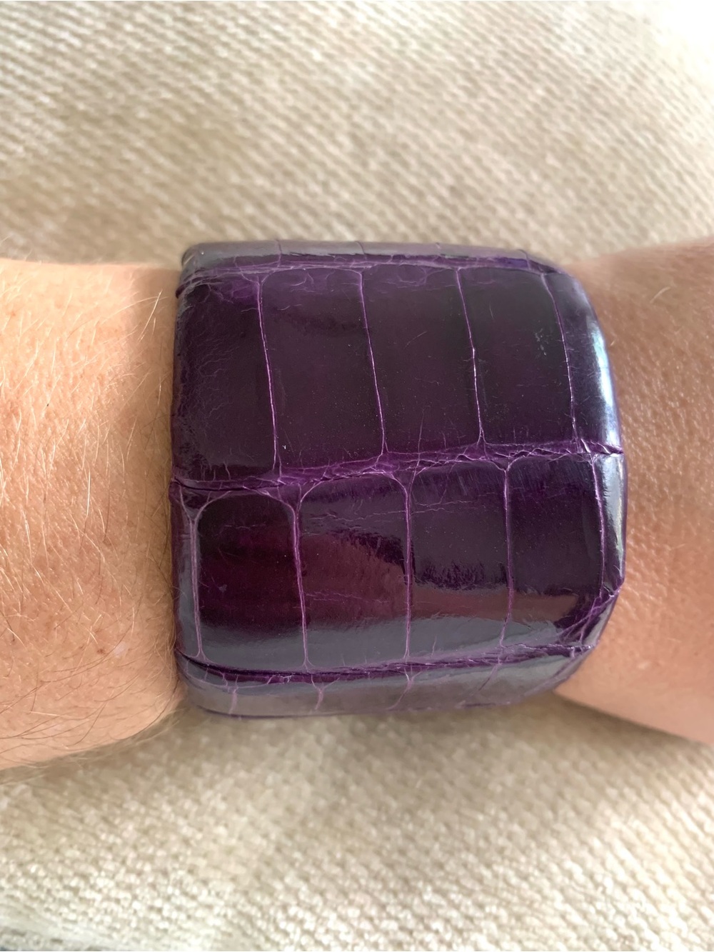 Handmade in USA Purple Shiny Glazed Alligator Leather 2” Cuff Bracelet Exotic